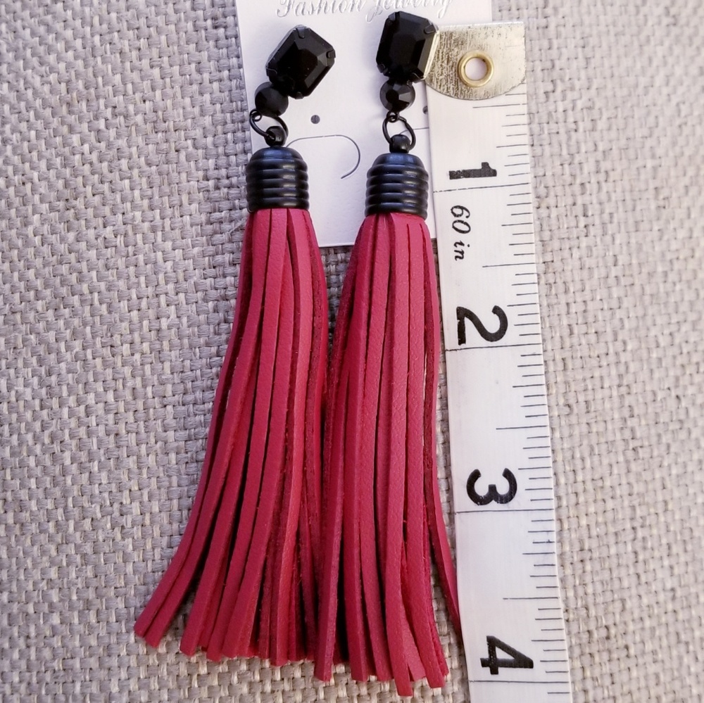 Long Leather Tassel & Rhinestone Earrings 4inch - Picture 2 of 4